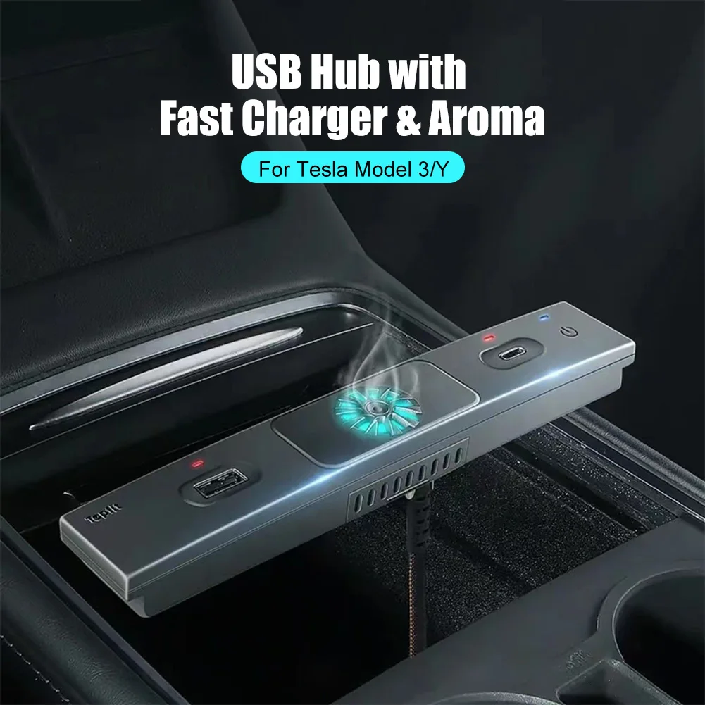 

USB Hub with 27W Fast Charger Aroma Diffuser 3 In 1 Center Console USB Docking Station with LED Light For Tesla Model 3 Model Y