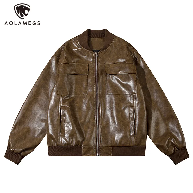 Aolamegs Men Jacket Multi-Pocket Retro Shiny PU Leather Jackets American Street Stand Collar Coat Casual Loose Outwear Unisex