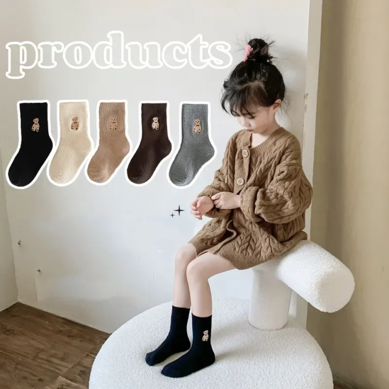 Spring Autumn Kids Toddler Socks Korean Style Fashion Cartoon Bear Calf Sock for Kids Boy Girl Soft Cotton School Sock for Baby