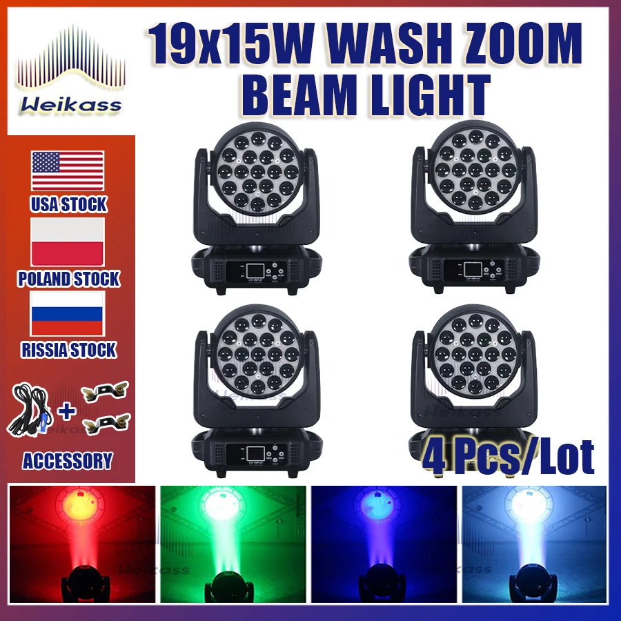 

0 Tax 4Pcs 19x15W Moving Head Light Beam Wash 19x15W RGBW Zoom Moving Head Lighting for Disco KTV Party Free Fast Shipping