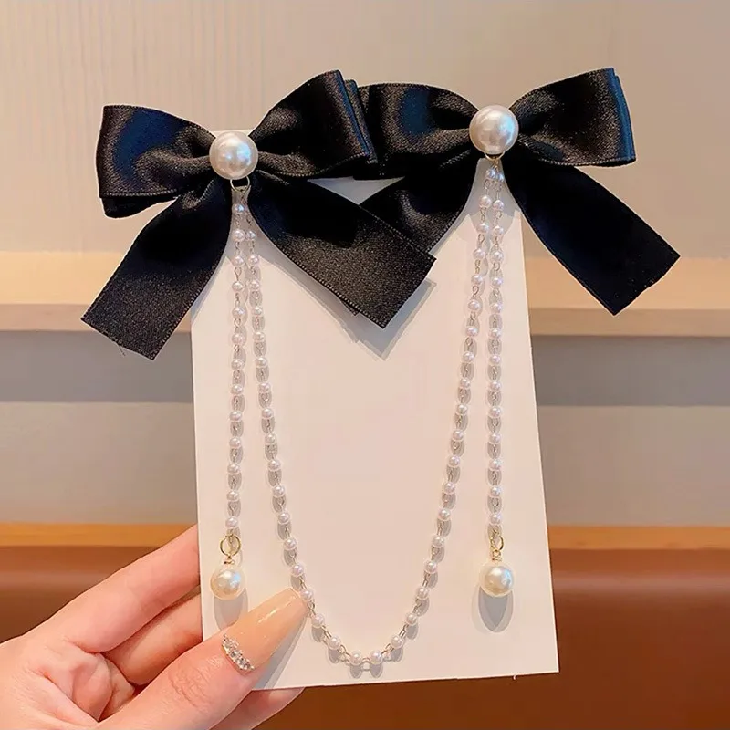 Sweet Princess Style Pink Pearls Chain Bow Hair Clip Women Children's Cute Back Head Hairpins Hair Clips Girls Hair Accessories 5