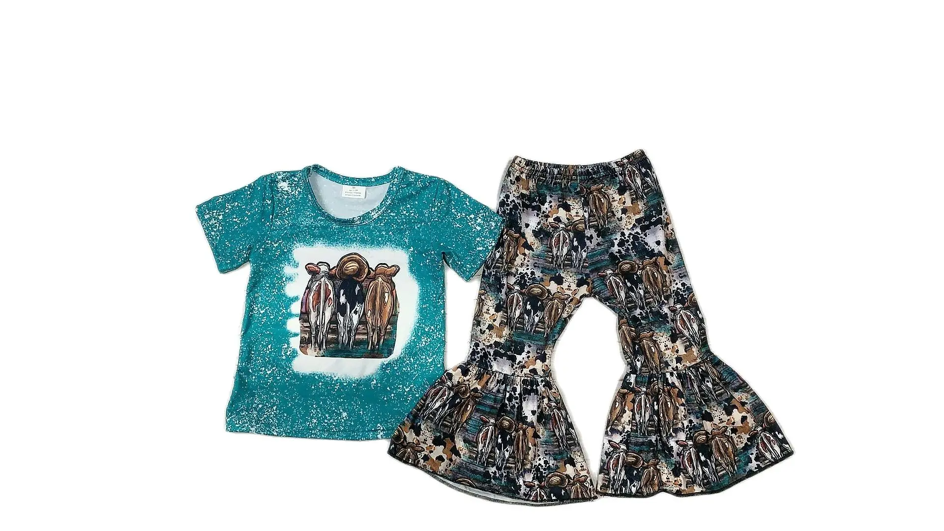 

Kid Girls Summer Clothing Outfit Short Sleeve Cattle Head Print Tops + Geometric Pattern Cow Print Flared Pants