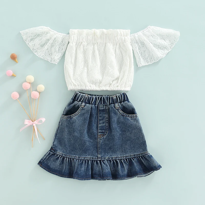 Canrulo Girls Summer Clothes 2pcs Off-shoulder Lace Short Sleeve Crop  Topsplain Ruffle Hem High Waist Short Denim Skirt Outfits - Children's Sets  - AliExpress