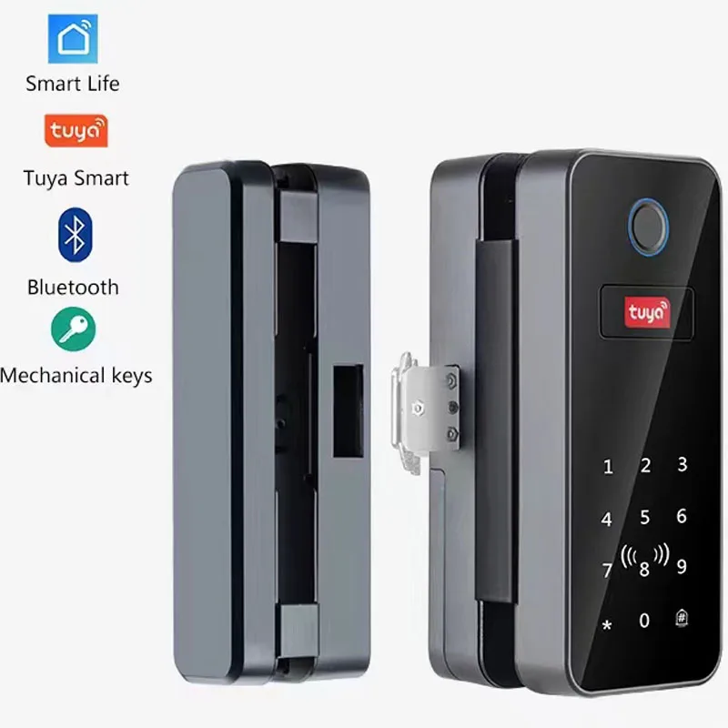 Glass Door Fingerprint Lock Tuya APP Bluetooth Smart Biometric Electronic Door Lock 13.56Mhz RFID Remote Control Keyless Unlock