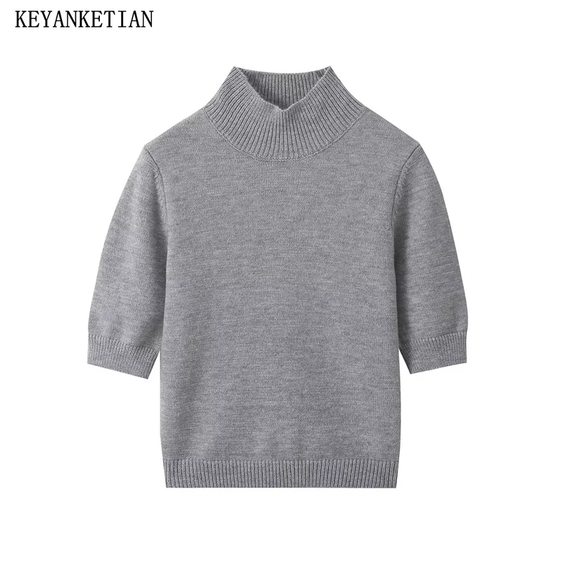 

KEYANKETIAN 2024 New Launch Women's Mock Neck Short Sleeve Sweater Pullover Simply Leisure Spring Clothing Knitted Top Gray