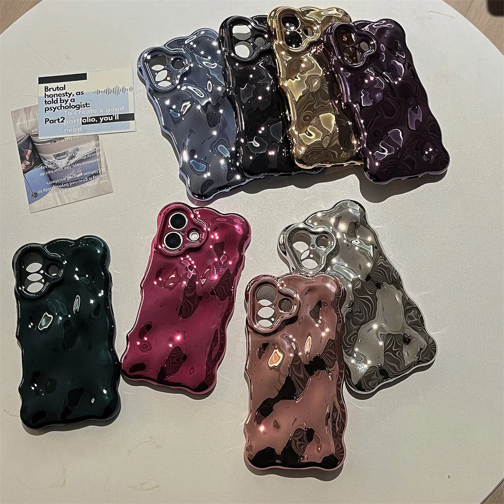 Glossy Wrinkle Plating Wave Border Case for iPhone 16 15 17 Pro Max Air Plus 11 12 13 14 Meteorite Pattern Soft Silicone Cover