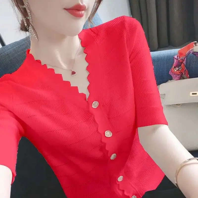 Summer New Fashion Korean Simple Ice Silk Short Sleeved Cardigan Shirt Women Solid V-neck Button Slim Hollow Out Pattern Tops