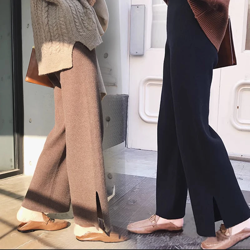 

Knitted wide leg pants for women in autumn and winter, with a high waist and a drooping feel. Casual long pants with straight sl