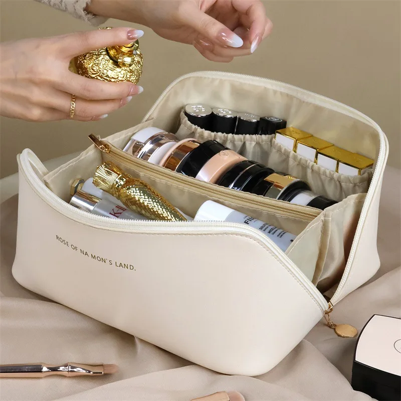 Large Capacity Travel Cosmetic Bag, Leather Makeup Bag, Cosmetic