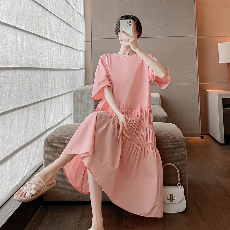 

Plus Size Summer Pregnant Women Clothes Short Sleeve O-Neck Maternity Pleated Dresses Solid Color Pregnant Woman Beach Dresses