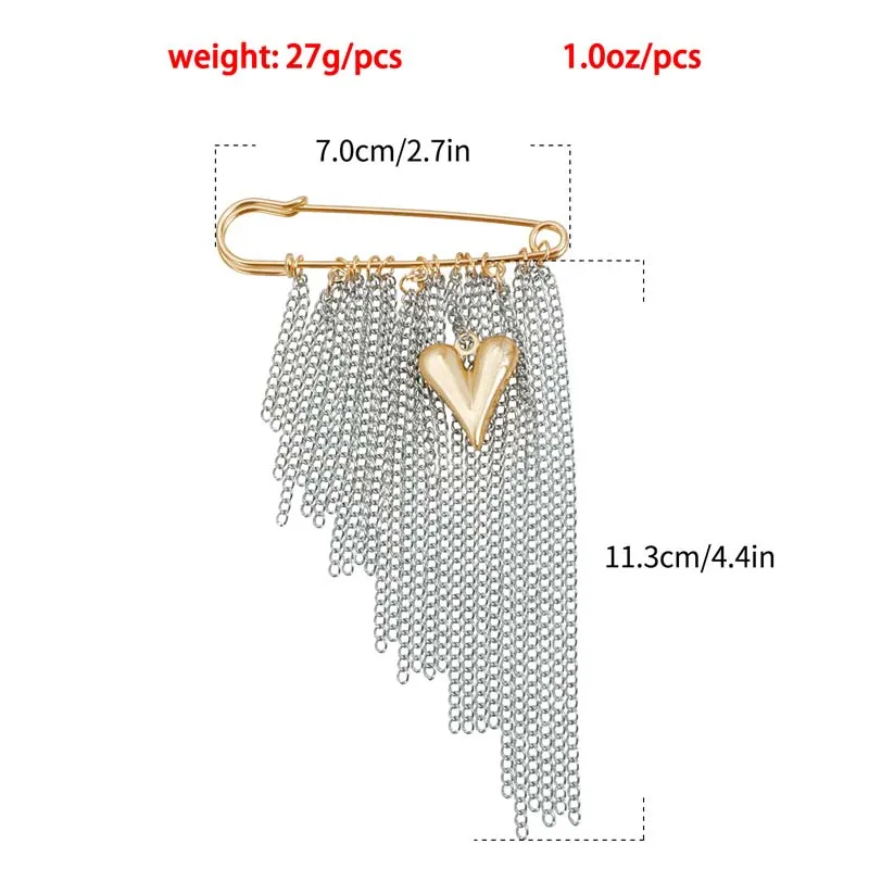 Metal Heart Tassel Brooch Exaggerated Silver Color Pearl