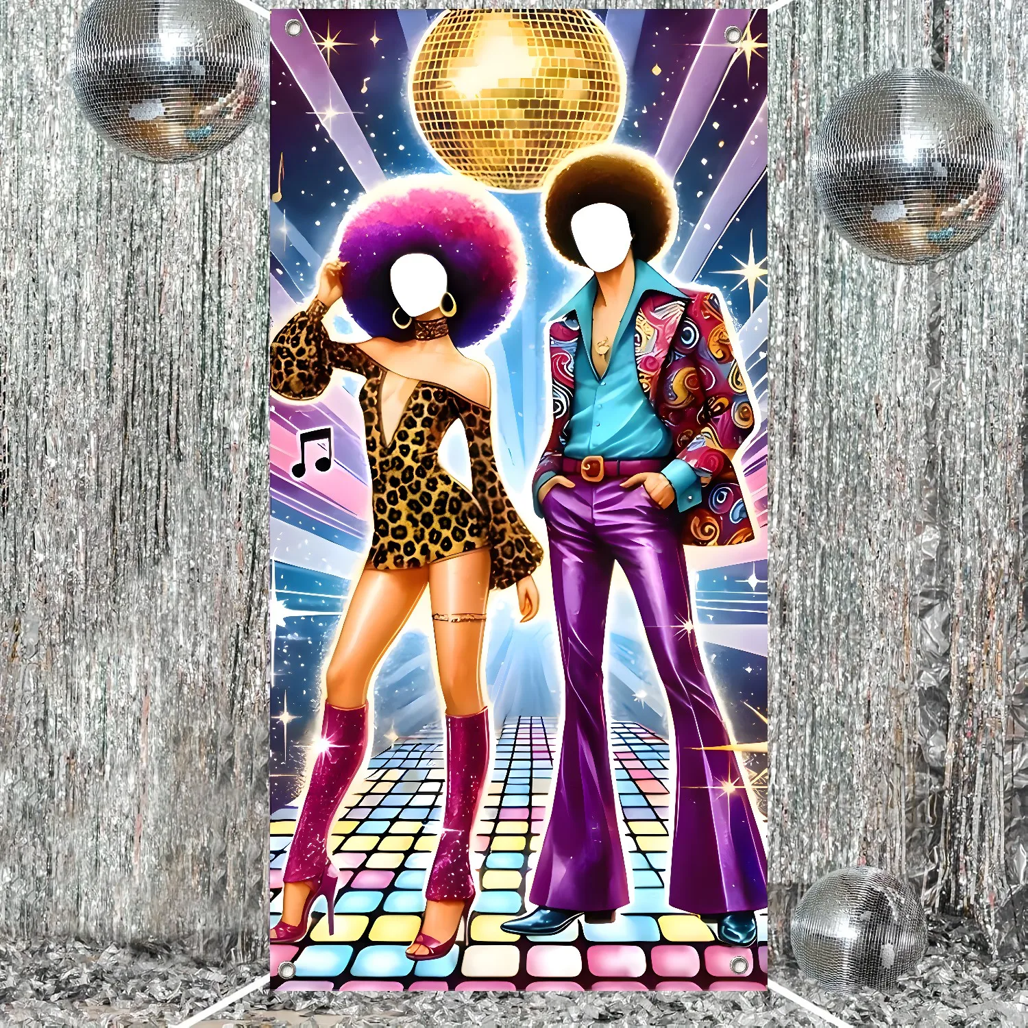 70s Disco Dance Party Photo Booth Backdrop-Retro Theme Hollow-Out Banner with Vibrant Neon Lights & Disco Ball for Birthday party decorations