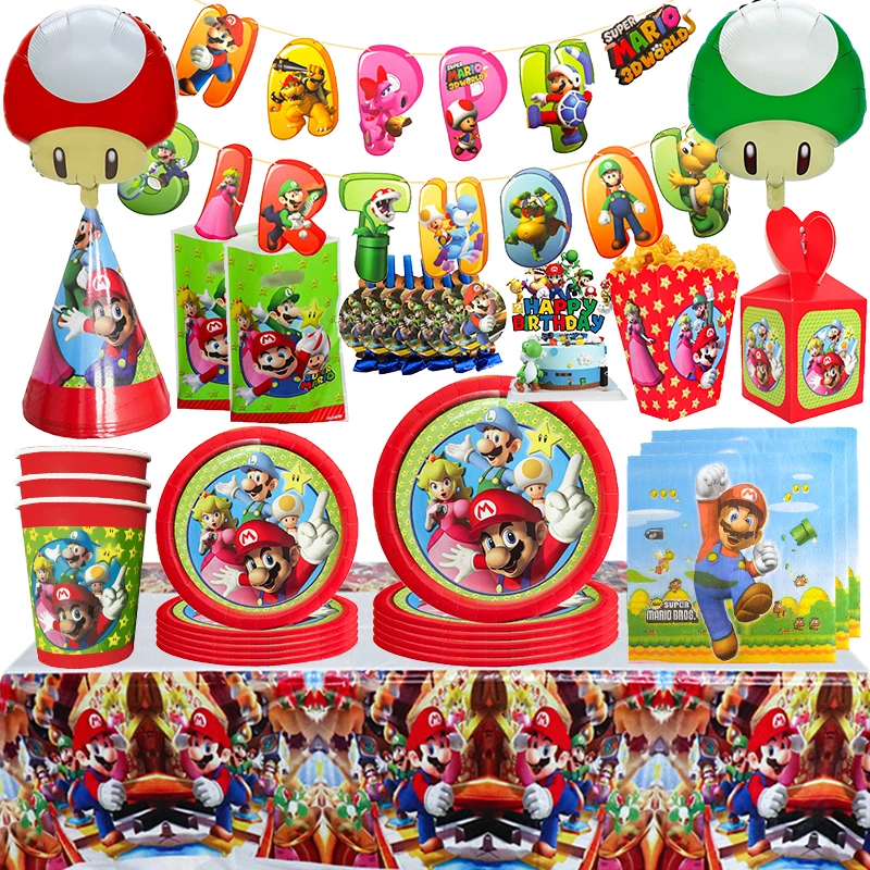 Super Mario Bros Festa Di Compleanno Palloncino Decorazione Set Bambini Festa Di Compleanno Forniture Striscioni Bandiera Tirando Torta Bandiera Piant