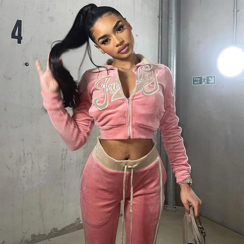 Women Y2k London Two Piece Set Women Tracksuits 2022 Autumn Winter Streetwear Letter Embroidery Long Sleeve Jacket Pants Sets women's short suit set