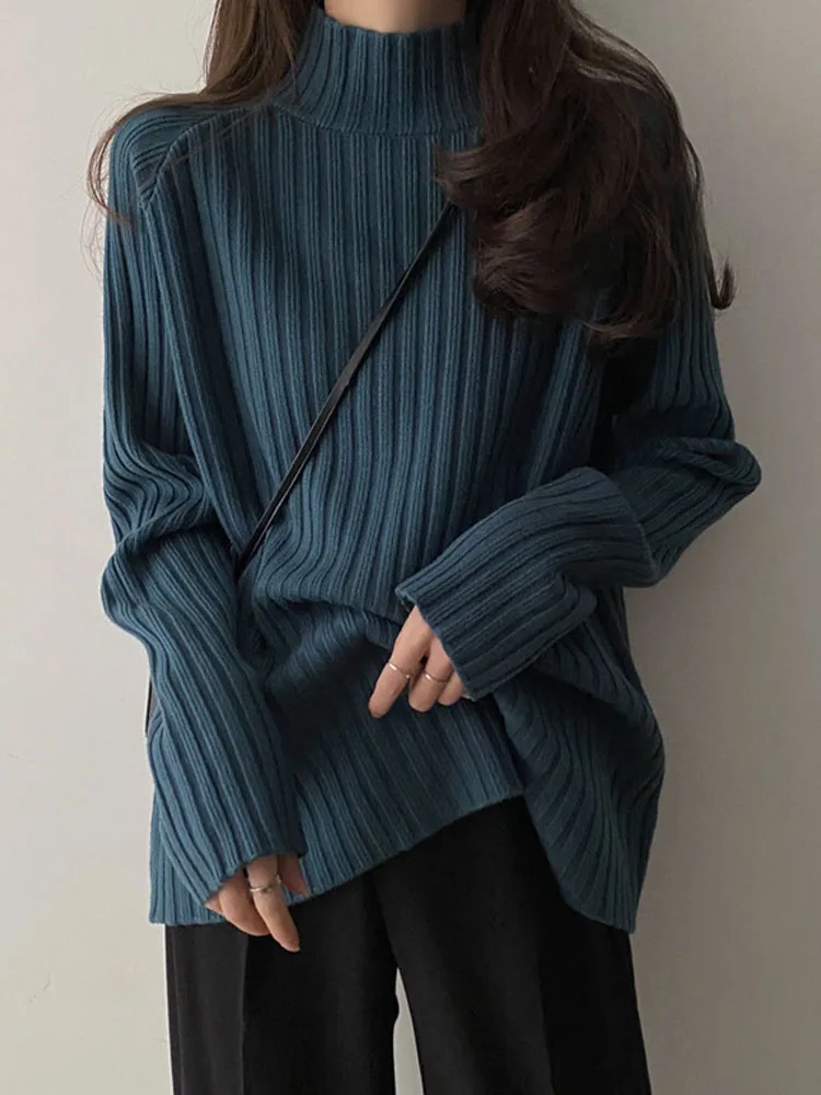 

Turtleneck Sweater Women Korean Fashion Soild Color Knitted Pullover Female Autumn Winter Casual Loose Simple Bottom Knitwear