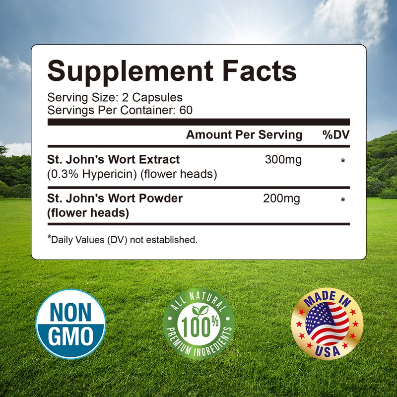St. John's Wort 500mg 0.3% Hypericin For Stress Anxiety Depression Gluten Free and Non-GMO