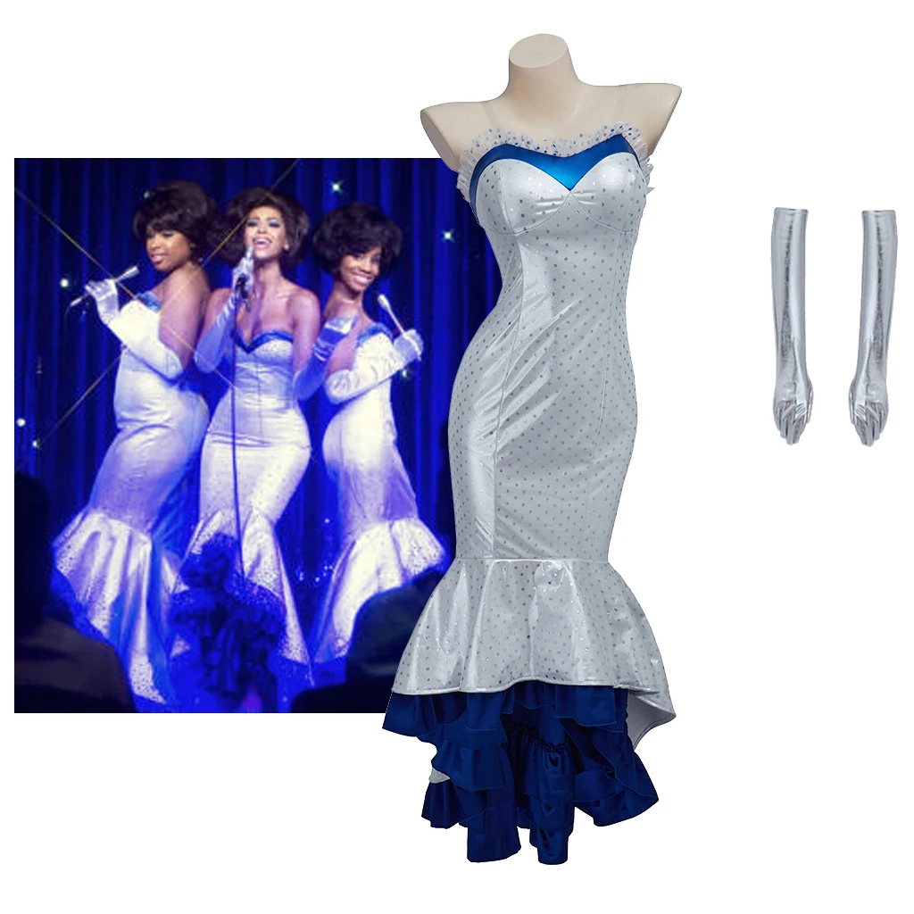 

Музыкальные фильмы Dreamgirls Косплей Deena Jones мечта голубая сценическая выступление бальное платье с перчатками костюм на Хэллоуин