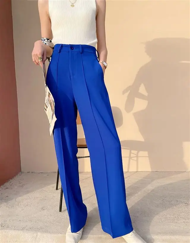 Blue White Wide Leg Pants Spring 2022 Womens Fashion Loose Women's Pants Office Full Length High Waisted Wide Trousers for Women flare pants