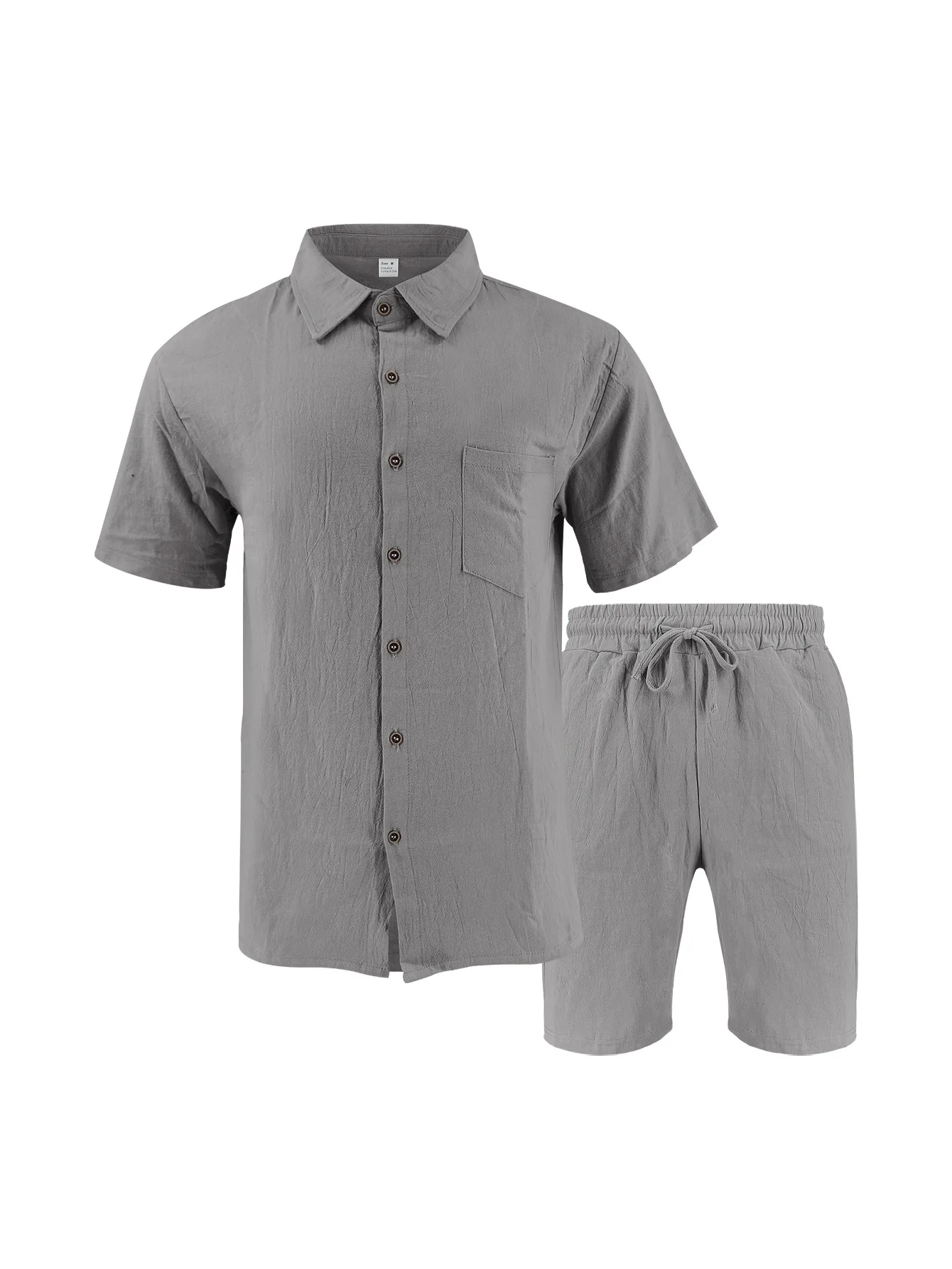 Summer Men's Solid-Color Linen Beach Suit, Lapel Button Short-Sleeved Shirt Paired With Drawstring Shorts, Casual 2-Piece Set