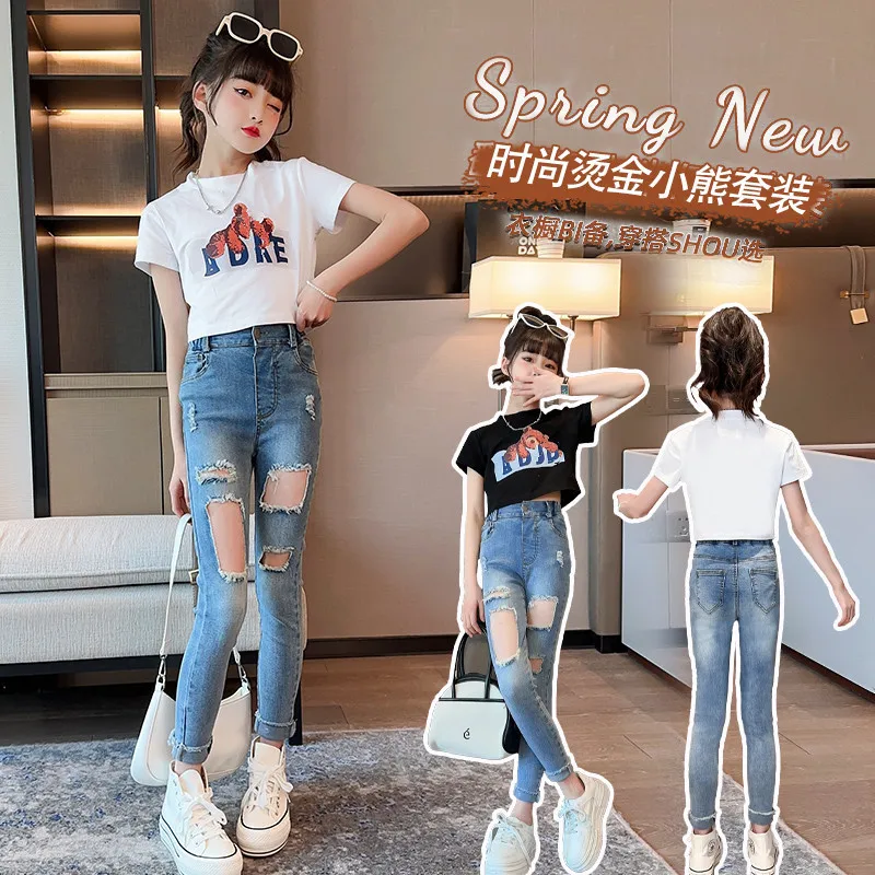 

Teenage Girls Clothes Set Summer Kids Cartoon T-shirt+Ripped Jeans 2pcs 15Y Girl Clothes Suit Conjunto Infantil Children Outfit