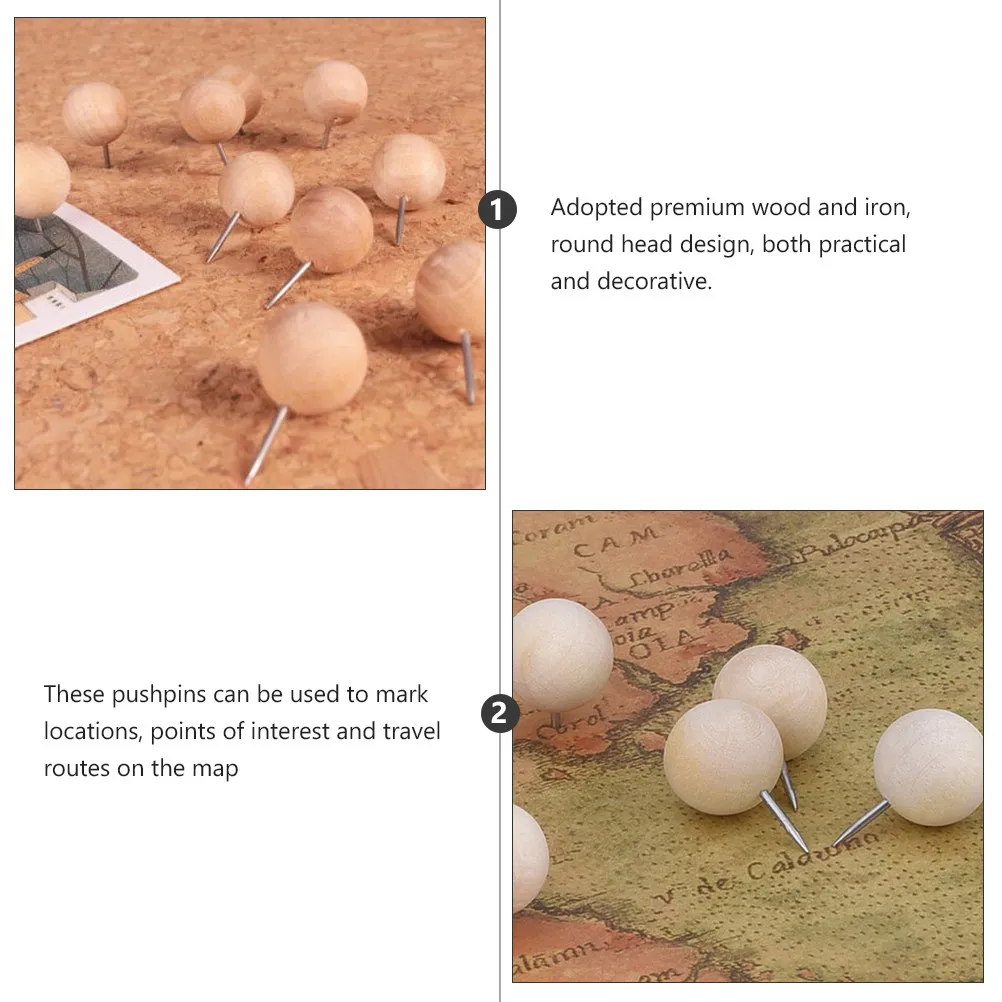 120개 원형 헤드 나무 푸시핀 장 압정 코르크보드 사진 고정 지도 표시 못 사무실 교실용