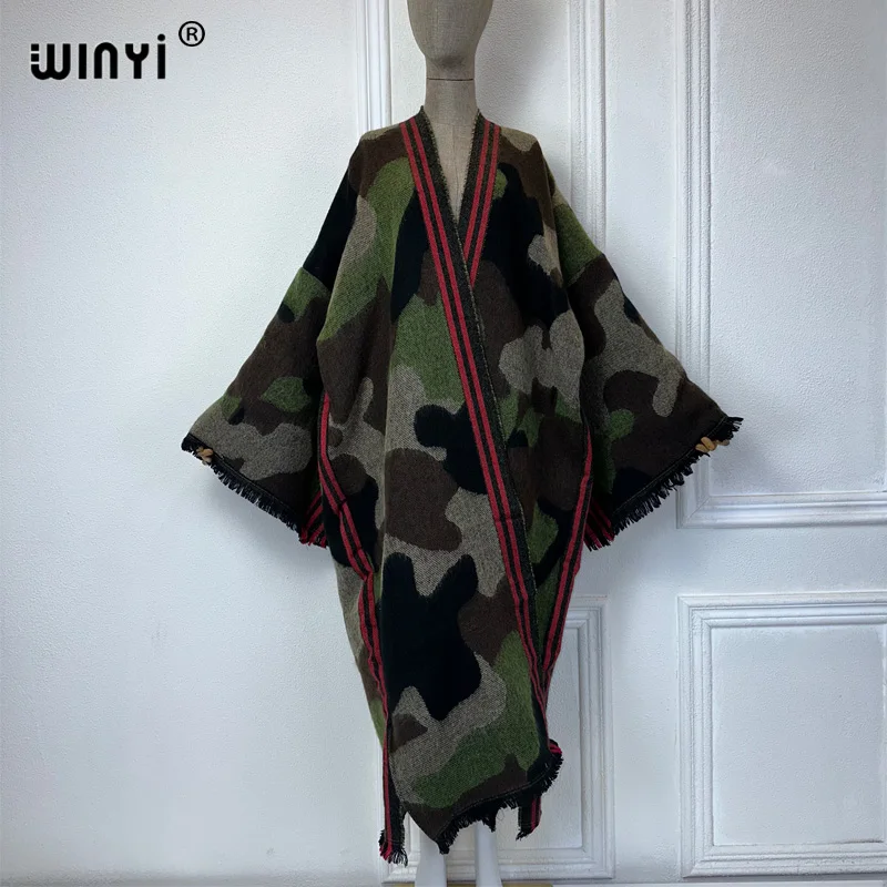 WINYI camouflage colour African women winter kimono long sleeve OverCoat abaya dubai luxury Open Front Long Cardigan party dress 5