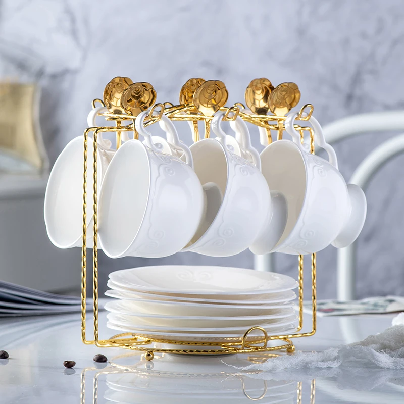 Metal Coffee Cup And Saucer Display Rack Hold 6 Coffee Cups 6 Plates Kitchen Draining Rack Modern Mug Holder Countertop Stand