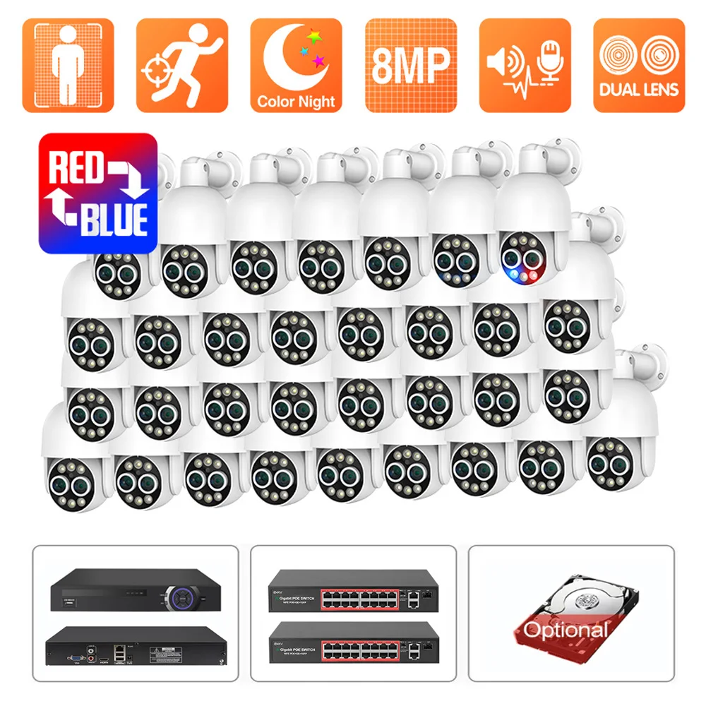 36채널 NVR 8MP 보안 카메라 시스템 4K PTZ 8배 하이브리드 줌 2.8-12mm 듀얼 렌즈 POE 카메라 AI 얼굴 인식 양방향 오디오