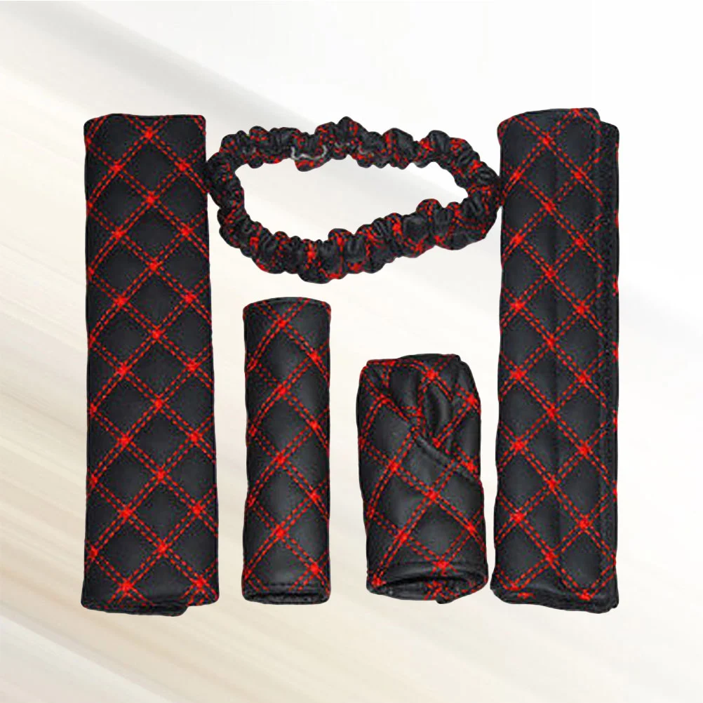 

5 in 1 Handbrake Cover Gear Cover Safety Belt Shoulder Pads and Rearview Mirror Cover Set (Red+Black)