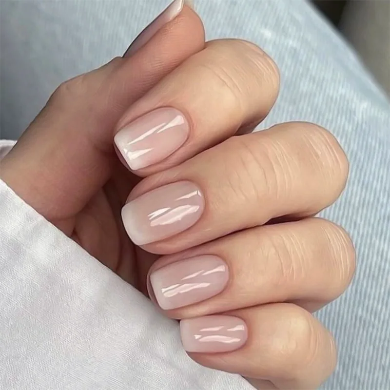 Pink White Gradient French Nail Art Simple Fashion Square Fake Nails Detachable Finished False Nails Press on Nails with Glue