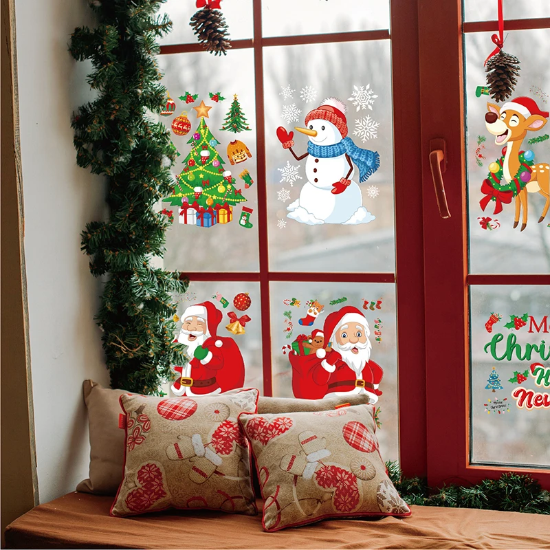 6pcs Christmas Decorative Glass Window Stickers Santa Claus Snowman Elk Scene Layout Electrostatic Wall Sticker Xmas Ornaments