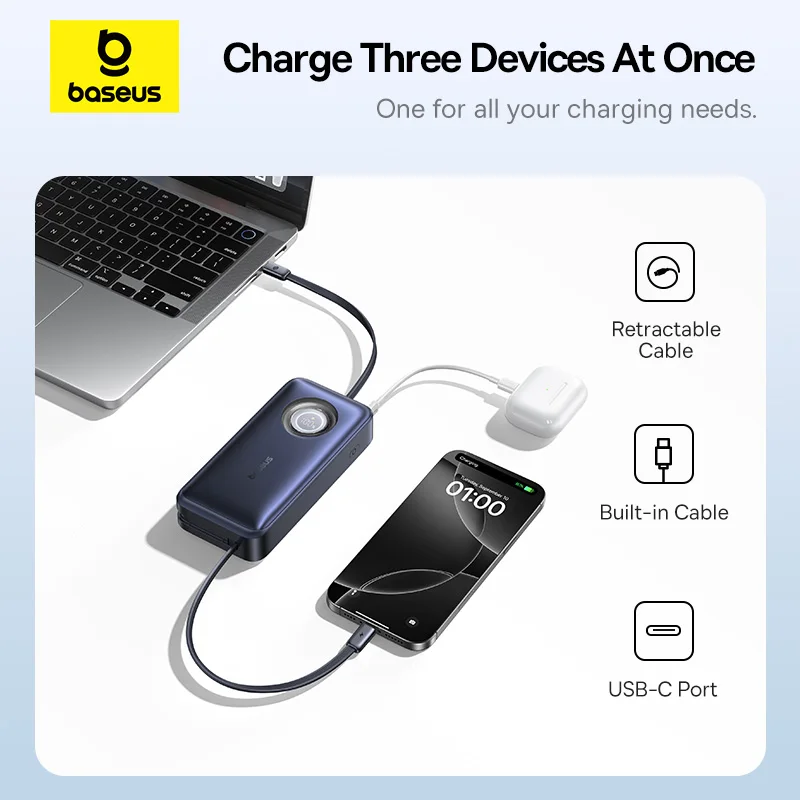 Baseus 100W 20000mAh Power Bank Built-In Retractable USB-C Cable PD External Battery PowerBank For MacBook Pro iPhone 17 Samsung