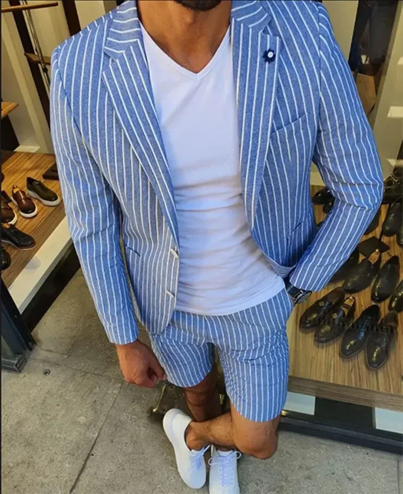 thumbnail image 1 of Conjunto de traje de chaqueta para hombre, conjunto de 2 piezas de chaqueta y pantalones cortos de dos botones con solapa con muesca y rayas verticales informal para hombre, 1 of 3