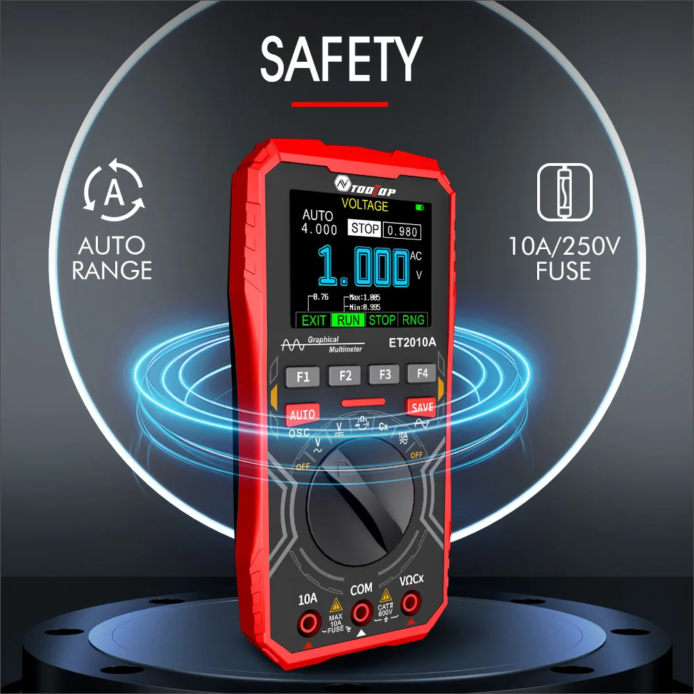 TOOLTOP ET2010A 1MHz Handheld Digital Oscilloscope 2.5Msps Automatic True RMS Multimeter AC 10A 600V High Voltage Oscilloscope 5