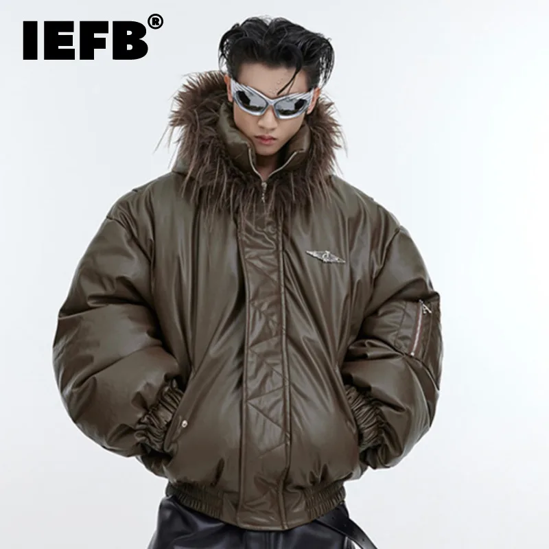

IEFB Trend Men's Padded Jackets Fashion Winter Niche Design Plush Patchwork PU Leather Cotton Coat Double Layer Hooded 9C3256