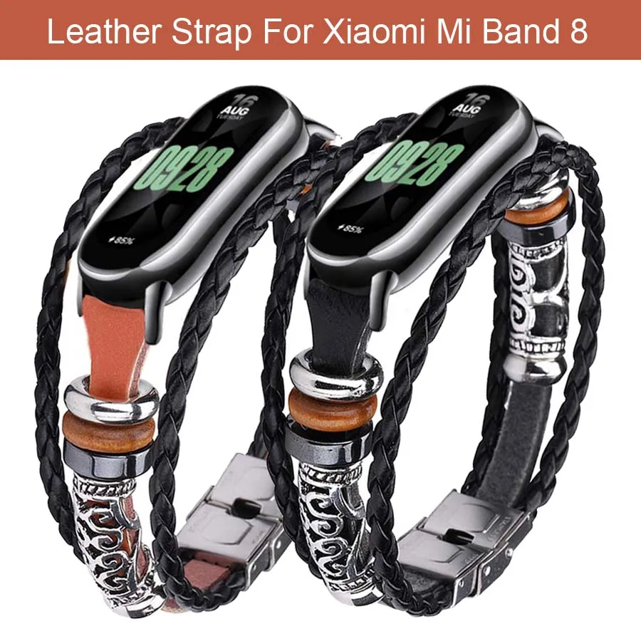 

Leather Strap For Xiaomi Mi Band 8 Smart Watch Band For Mi Band 8 Bracelet Retro Beading Wristband Correa For Miband 8 NFC Strap