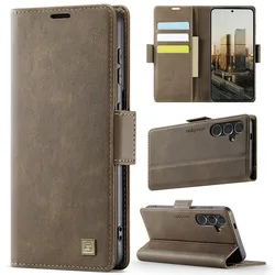 Magnetic Wireless Charging Leather Wallet Card Phone Case with Flip Stand Cover for (Samsung S21 FE) (Brown)
