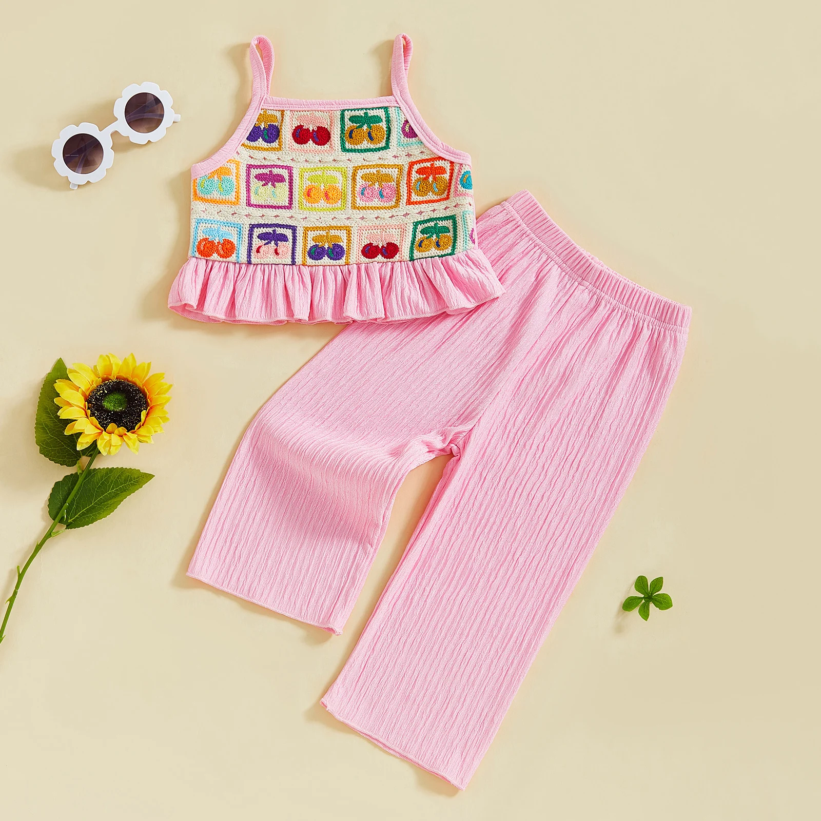 FOCUSNORM 0-4Y Little Kids Girls Clothes Sets Crocheted Flowers/Fruit Embroidery Ruffled Camisole and Elastic Pants