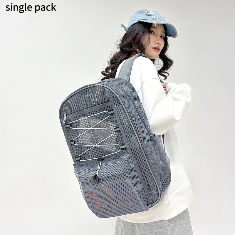 Trendy Outdoor Sports Beach Transparent Mesh Backpack Summer Double Shoulder Bag for High School Students with Big Capacity