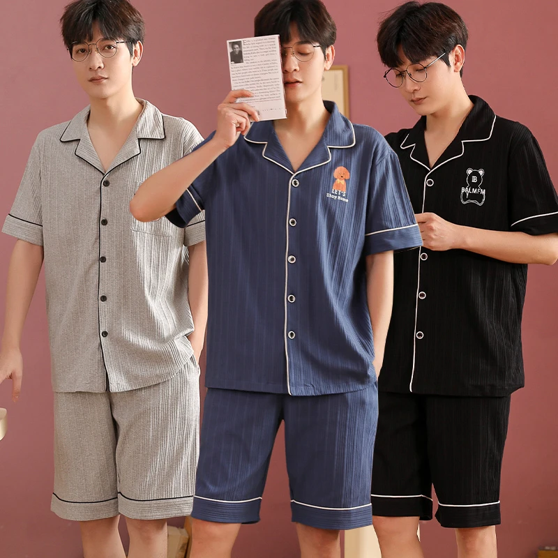 mens lounge wear 2022 Summer Short Sleeve Cotton Pajama Sets for Men Korean Cute Cartoon Sleepwear Suit Pyjamas Male Lounge Homewear Home Clothes mens cotton pjs