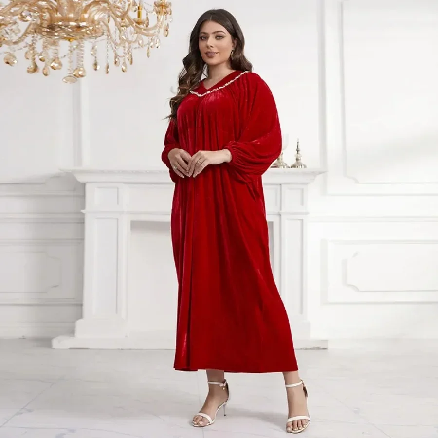 Velvet Abayas for Women Spring 2024 Elegant Muslim Long Sleeve V-neck Plus Size Long Maxi Dress Muslim Fashion Abaya Dubai Abaya