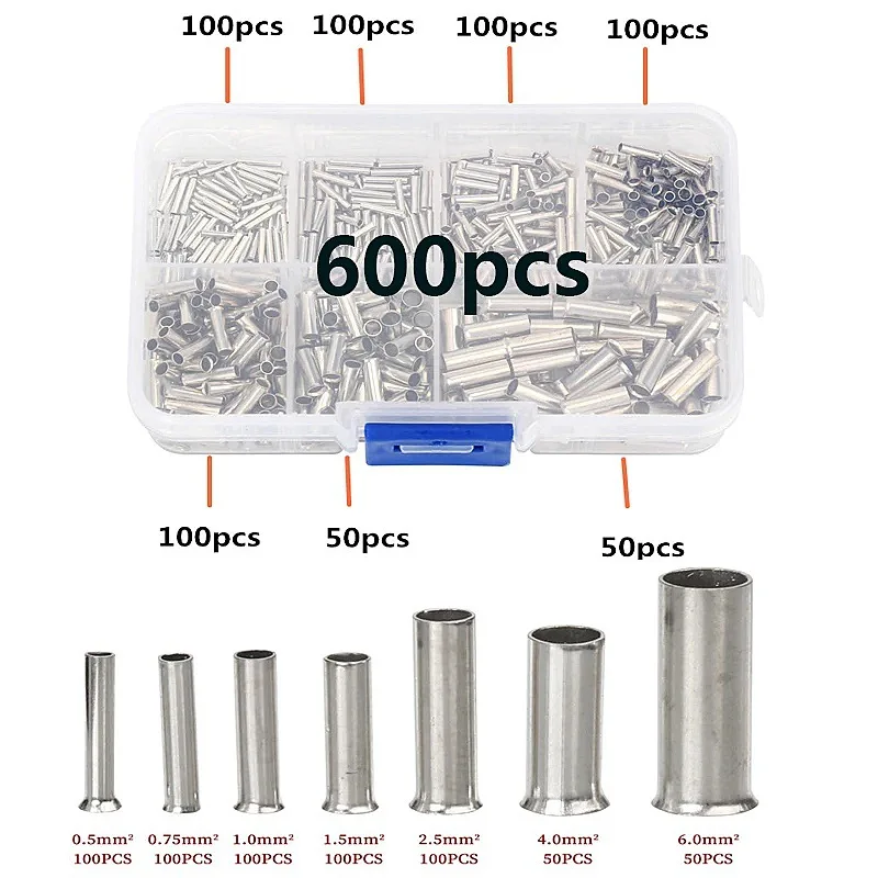 Bare Terminal Tubular Wire End Ferrules 600/700pcs Mix Size Uninsulated Cable Sleeves Simple for Wire Connection Pin Crimp