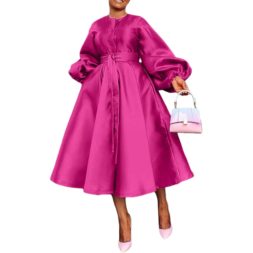 S-3XL African Party Evening Dresses for Women Elegant Autumn Long Lantern Sleeve O-neck Midi Dress Birthday Dress for Women