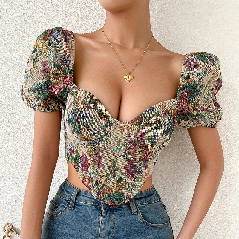 

French Style Vintage Corset Tops Women Blouse Sexy Floral Bustier Crop Top Tank Lace Up Flower Camisole Shaper Streetwear