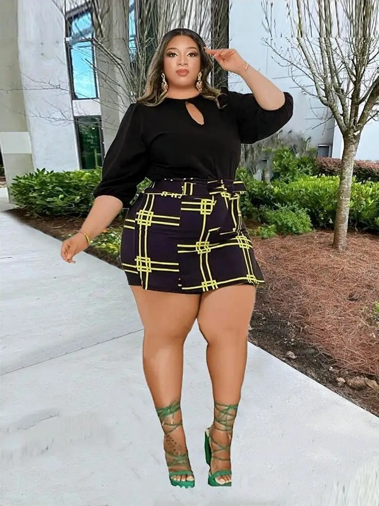 

Plus Size Woman Clothing Knit Two Piece Set Long Sleeve Crop Lady Female Casual Sexy Plaid Skirt Set Wholesale Bulk Dropshipping