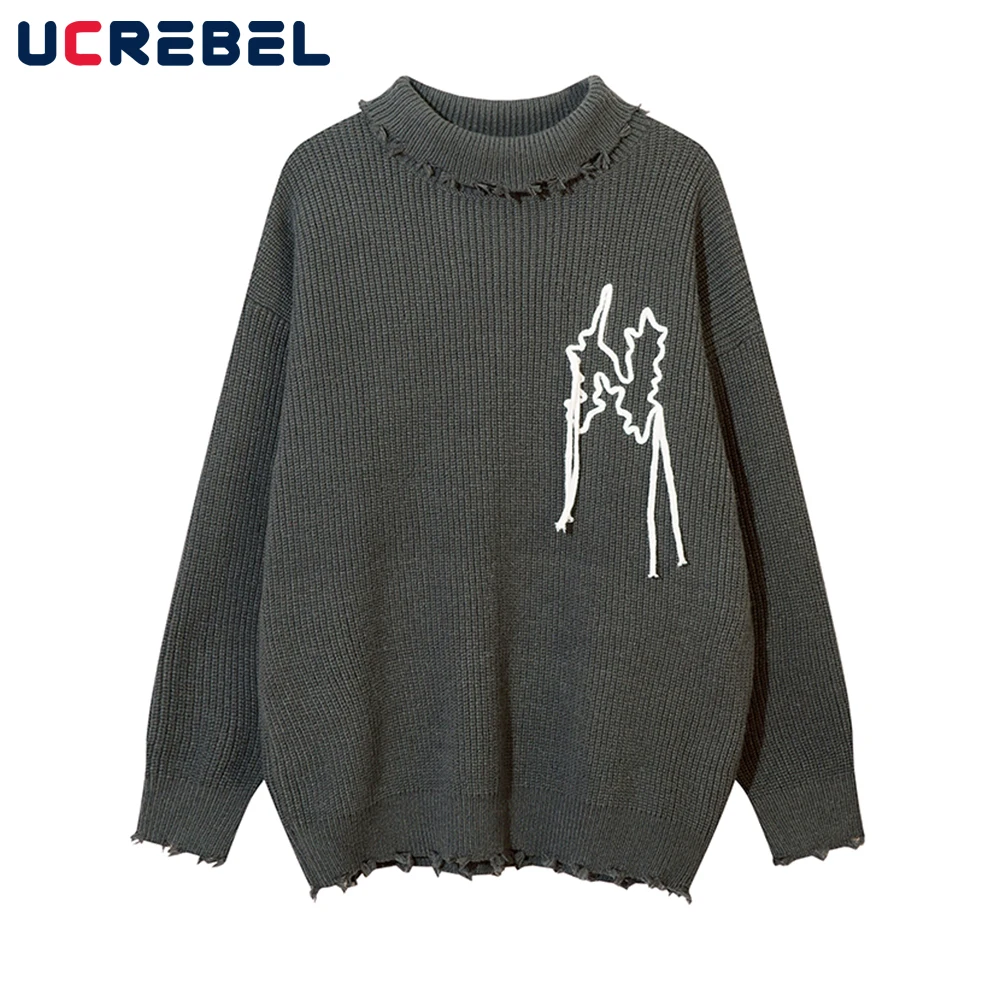 

Streetwear Embroidery Knitted Sweater Mens Autumn Loose Long Sleeve Turtleneck Pullover Men