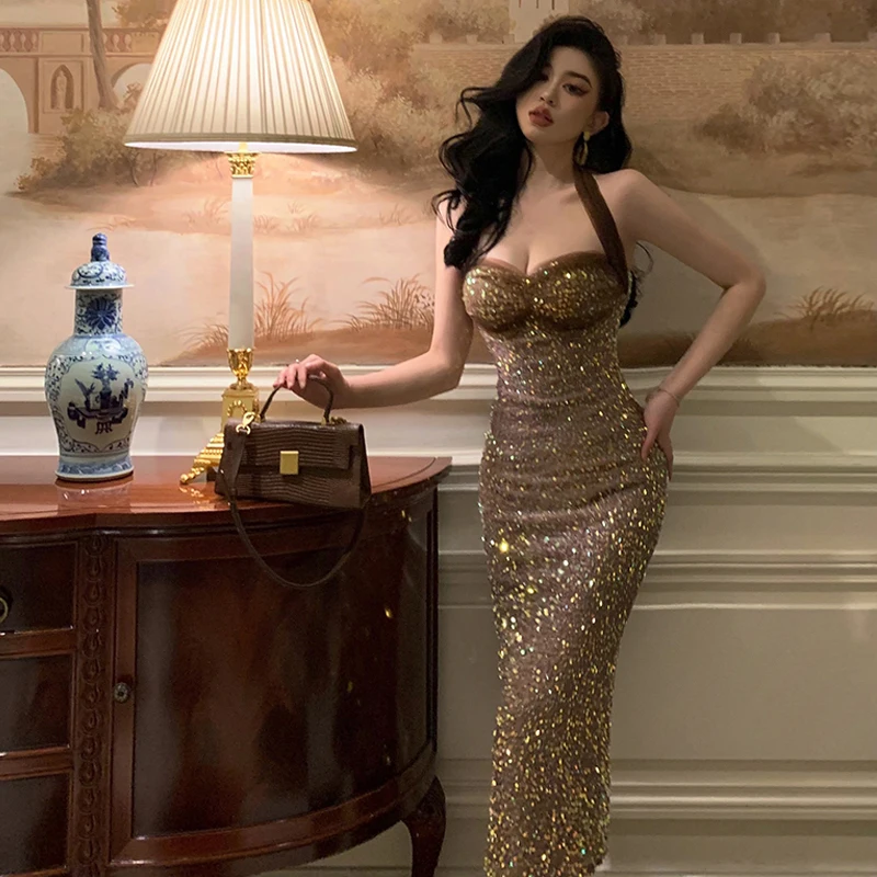 

Женское облегающее платье средней длины, элегантное привлекательное облегающее платье с лямкой на шее, винтажное платье для выпускного вечера, женская модная Клубная одежда для свадьбы, на лето