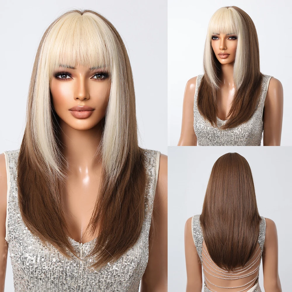

HAIRCUBE Medium Beige to Brown Ombre Synthetic Wigs with Bangs Silky Straight Hair Cosplay Party Heat Resistant Hair for Women