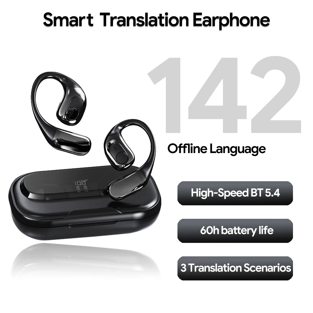 Real-time Wireless Earphone Translator, BT 5.4, Support 142 Online Languages, 7 Offline Language Translator, T23