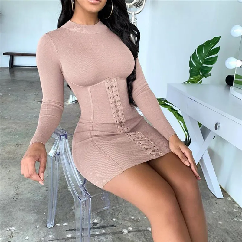 

Stretchy Mini Bodycon Fall Winter Casual Knitted Dresses Ribbed Bandage Drawstring Turtleneck Full Sleeve Skinny Women Dresses